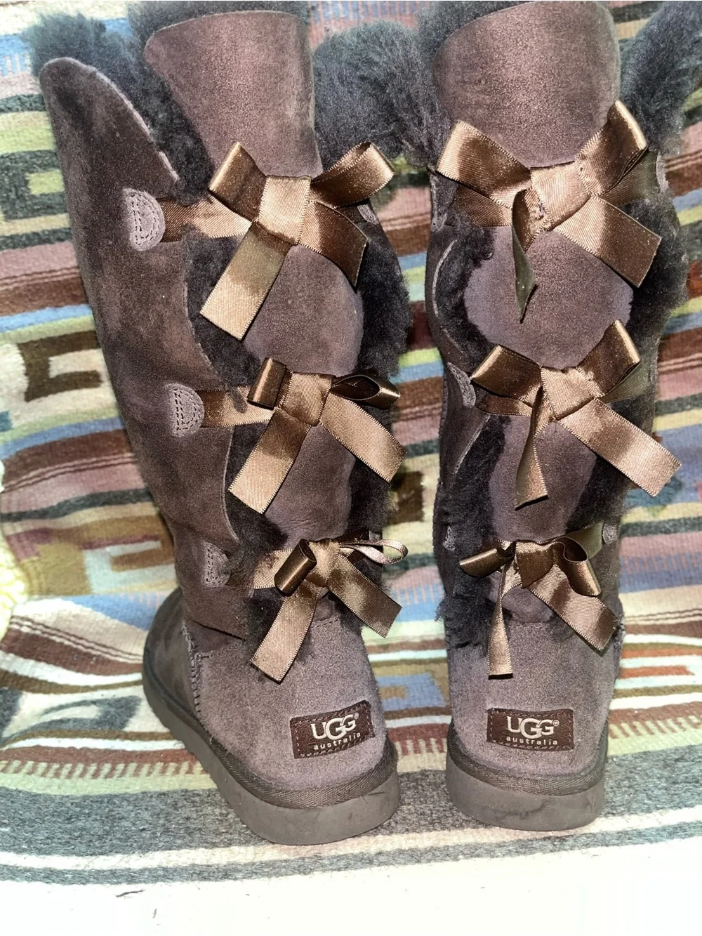 UGG Tall Suede Winter Boots in Dark Brown with Shearling Trim